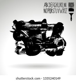 Black brush stroke and handwritten alphabet. Grunge vector abstract hand - painted element. Underline and border design.