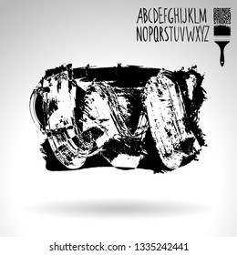Black brush stroke and handwritten alphabet. Grunge vector abstract hand - painted element. Underline and border design.