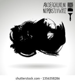 Black brush stroke and handwritten alphabet. Grunge vector abstract hand - painted element. Underline and border design.