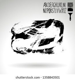 Black brush stroke and handwritten alphabet. Grunge vector abstract hand - painted element. Underline and border design.