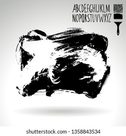 Black brush stroke and handwritten alphabet. Grunge vector abstract hand - painted element. Underline and border design.