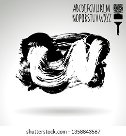 Black brush stroke and handwritten alphabet. Grunge vector abstract hand - painted element. Underline and border design.
