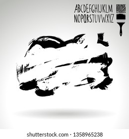 Black brush stroke and handwritten alphabet. Grunge vector abstract hand - painted element. Underline and border design.