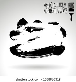 Black brush stroke and handwritten alphabet. Grunge vector abstract hand - painted element. Underline and border design.