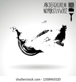 Black brush stroke and handwritten alphabet. Grunge vector abstract hand - painted element. Underline and border design.