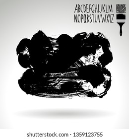 Black brush stroke and handwritten alphabet. Grunge vector abstract hand - painted element. Underline and border design.