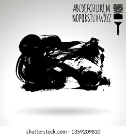 Black brush stroke and handwritten alphabet. Grunge vector abstract hand - painted element. Underline and border design.