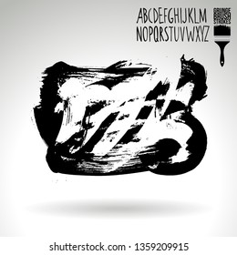Black brush stroke and handwritten alphabet. Grunge vector abstract hand - painted element. Underline and border design.