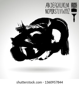 Black brush stroke and handwritten alphabet. Grunge vector abstract hand - painted element. Underline and border design.