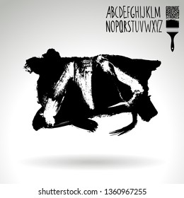 Black brush stroke and handwritten alphabet. Grunge vector abstract hand - painted element. Underline and border design.