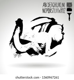 Black brush stroke and handwritten alphabet. Grunge vector abstract hand - painted element. Underline and border design.