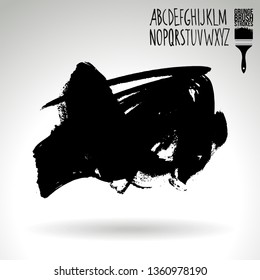 Black brush stroke and handwritten alphabet. Grunge vector abstract hand - painted element. Underline and border design.