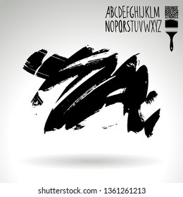 Black brush stroke and handwritten alphabet. Grunge vector abstract hand - painted element. Underline and border design.