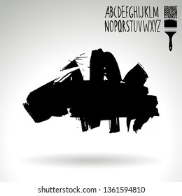 Black brush stroke and handwritten alphabet. Grunge vector abstract hand - painted element. Underline and border design.