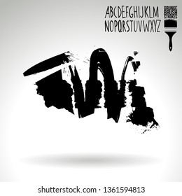 Black brush stroke and handwritten alphabet. Grunge vector abstract hand - painted element. Underline and border design.