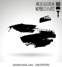 Black brush stroke and handwritten alphabet. Grunge vector abstract hand - painted element. Underline and border design.
