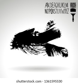 Black brush stroke and handwritten alphabet. Grunge vector abstract hand - painted element. Underline and border design.
