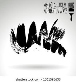 Black brush stroke and handwritten alphabet. Grunge vector abstract hand - painted element. Underline and border design.