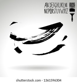 Black brush stroke and handwritten alphabet. Grunge vector abstract hand - painted element. Underline and border design.