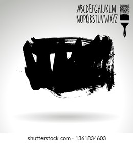 Black brush stroke and handwritten alphabet. Grunge vector abstract hand - painted element. Underline and border design.