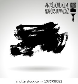Black brush stroke and handwritten alphabet. Grunge vector abstract hand - painted element. Underline and border design.