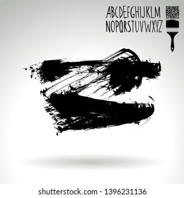 Black brush stroke and handwritten alphabet. Grunge vector abstract hand - painted element. Underline and border design.