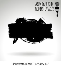 Black brush stroke and handwritten alphabet. Grunge vector abstract hand - painted element. Underline and border design.