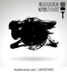 Black brush stroke and handwritten alphabet. Grunge vector abstract hand - painted element. Underline and border design.