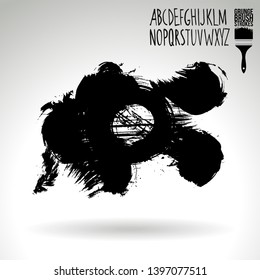 Black brush stroke and handwritten alphabet. Grunge vector abstract hand - painted element. Underline and border design.