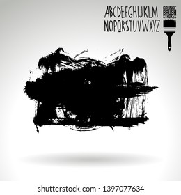Black brush stroke and handwritten alphabet. Grunge vector abstract hand - painted element. Underline and border design.