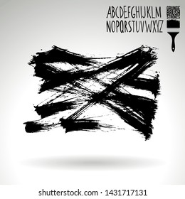 Black brush stroke and handwritten alphabet. Grunge vector abstract hand - painted element. Underline and border design.