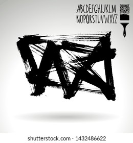 Black brush stroke and handwritten alphabet. Grunge vector abstract hand - painted element. Underline and border design.