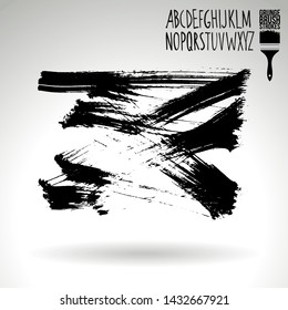 Black brush stroke and handwritten alphabet. Grunge vector abstract hand - painted element. Underline and border design.