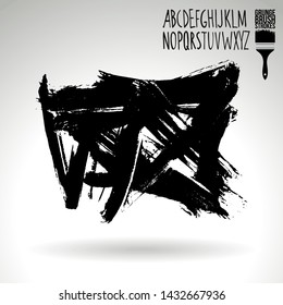 Black brush stroke and handwritten alphabet. Grunge vector abstract hand - painted element. Underline and border design.