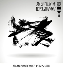 Black brush stroke and handwritten alphabet. Grunge vector abstract hand - painted element. Underline and border design.
