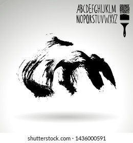Black brush stroke and handwritten alphabet. Grunge vector abstract hand - painted element. Underline and border design.