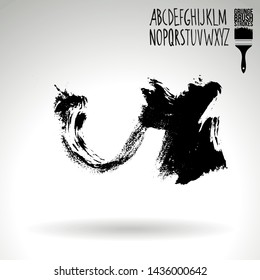 Black brush stroke and handwritten alphabet. Grunge vector abstract hand - painted element. Underline and border design.
