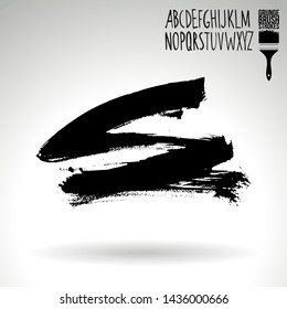 Black brush stroke and handwritten alphabet. Grunge vector abstract hand - painted element. Underline and border design.