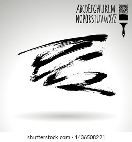 Black brush stroke and handwritten alphabet. Grunge vector abstract hand - painted element. Underline and border design.
