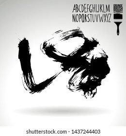 Black brush stroke and handwritten alphabet. Grunge vector abstract hand - painted element. Underline and border design.