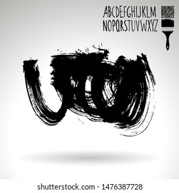 Black brush stroke and handwritten alphabet. Grunge vector abstract hand - painted element. Underline and border design.