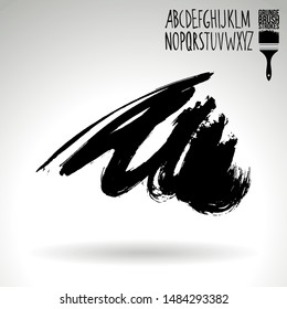 Black brush stroke and handwritten alphabet. Grunge vector abstract hand - painted element. Underline and border design.