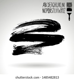 Black brush stroke and handwritten alphabet. Grunge vector abstract hand - painted element. Underline and border design.