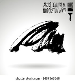 Black brush stroke and handwritten alphabet. Grunge vector abstract hand - painted element. Underline and border design.