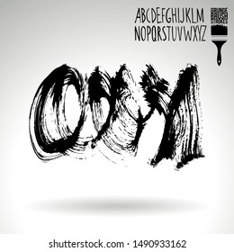 Black brush stroke and handwritten alphabet. Grunge vector abstract hand - painted element. Underline and border design.