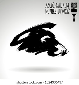 Black brush stroke and handwritten alphabet. Grunge vector abstract hand - painted element. Underline and border design.