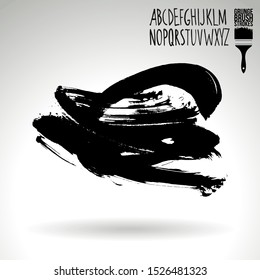 Black brush stroke and handwritten alphabet. Grunge vector abstract hand - painted element. Underline and border design.