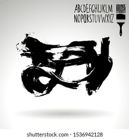 Black brush stroke and handwritten alphabet. Grunge vector abstract hand - painted element. Underline and border design.