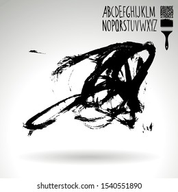 Black brush stroke and handwritten alphabet. Grunge vector abstract hand - painted element. Underline and border design.