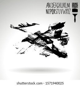 Black brush stroke and handwritten alphabet. Grunge vector abstract hand - painted element. Underline and border design.